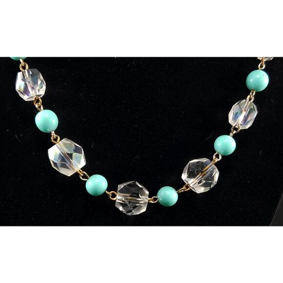 Vintage Art Deco Crystal Bead Necklace Turquoise Lucite 1940s 1950s Hand Cut 17" - Picture 5 of 10